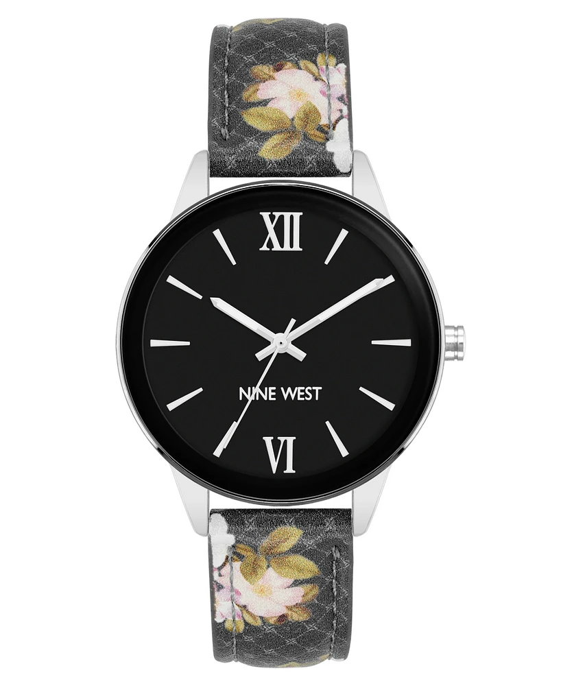 Nine West Women's Quartz Black Floral Pattern Faux Leather Band Watch, 36mm - Black, Silver