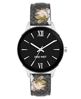 Nine West Women's Quartz Black Floral Pattern Faux Leather Band Watch, 36mm - Black, Silver