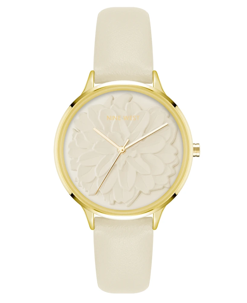 Nine West Women's Quartz Cream Faux Leather Band Watch, 34.5mm - Cream, Gold