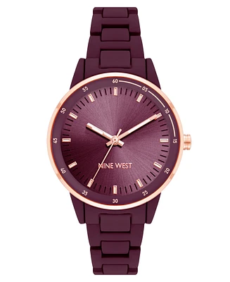 Nine West Women's Quartz Burgundy Alloy Link Bracelet with Rose Gold-Tone Alloy Watch, 35mm - Burgundy, Rose Gold