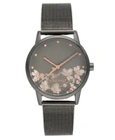 Nine West Women's Quartz Dark Gray Stainless Steel Mesh Band and Flower Pattern Watch, 35mm