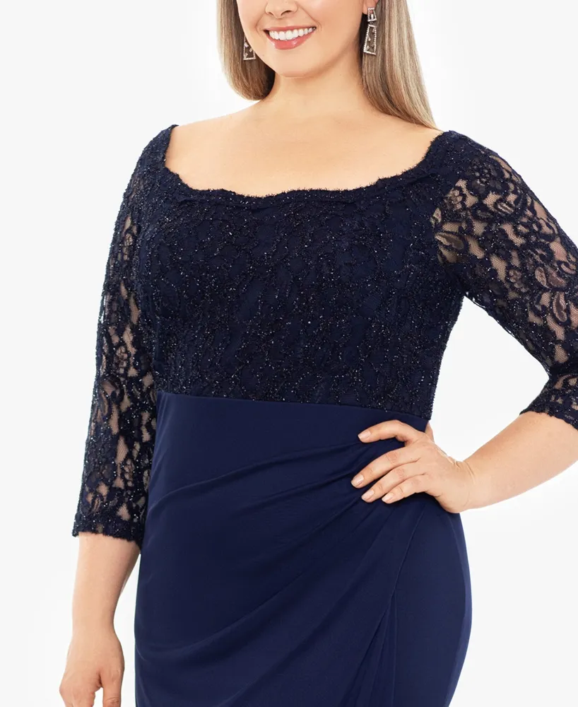 Betsy & Adam Plus Size Beaded Lace Scoop-Neck Gown