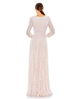 Women's Beaded Lace Long Sleeve Wrap Over Gown