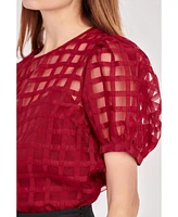 Women's Plaid Sheer Puff Sleeve Top