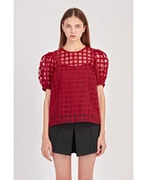 Women's Plaid Sheer Puff Sleeve Top