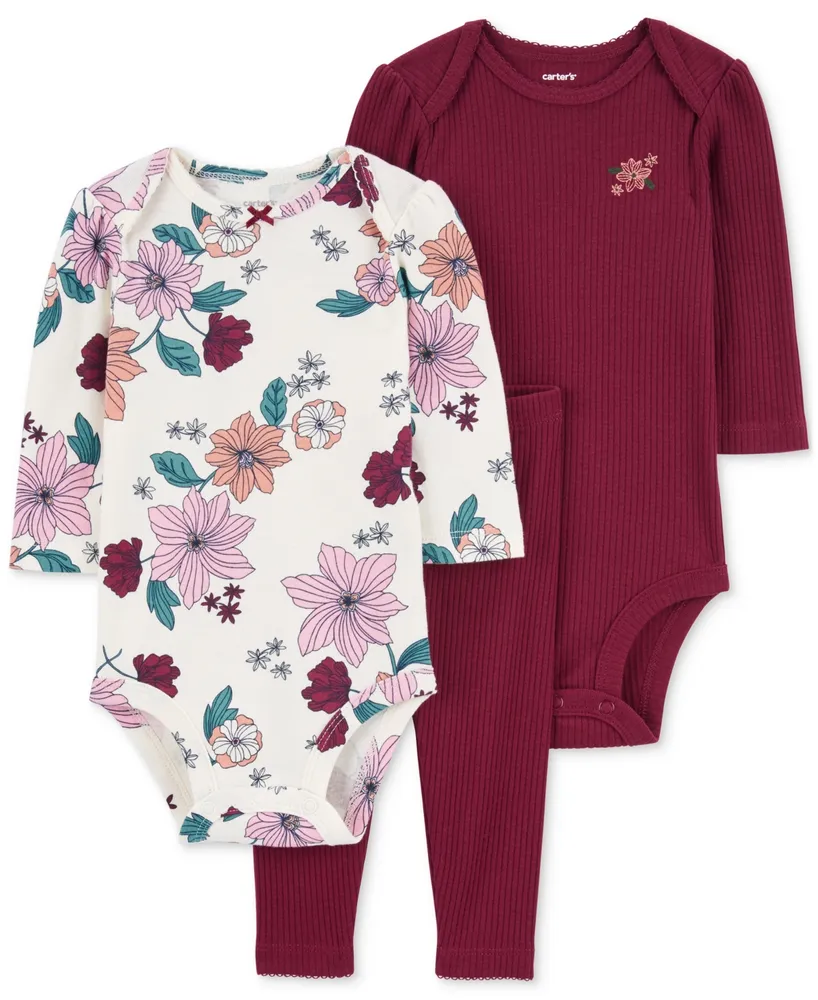 Carter's Baby Girls 3-Pc. Floral Bodysuit, Ribbed-Knit Bodysuit & Pants Set