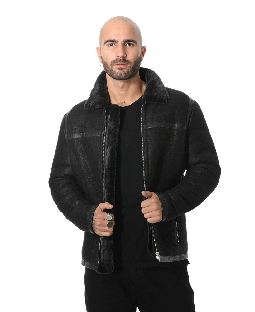 Furniq Uk Men's Leather Banded Sheepskin Casual Jacket