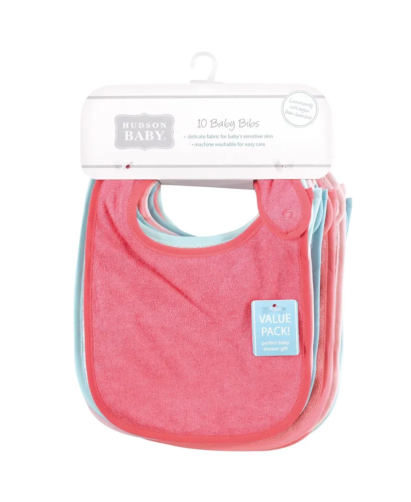 Hudson Baby Infant Girl Rayon from Bamboo Terry Bibs, Coral Mint, One Size