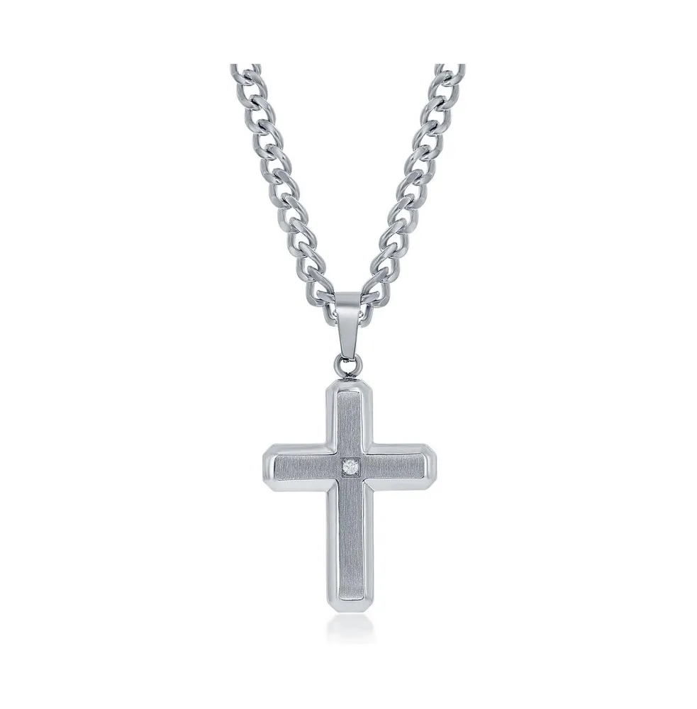 Stainless Steel Brushed & Polished w/ Single Cz Cross Necklace