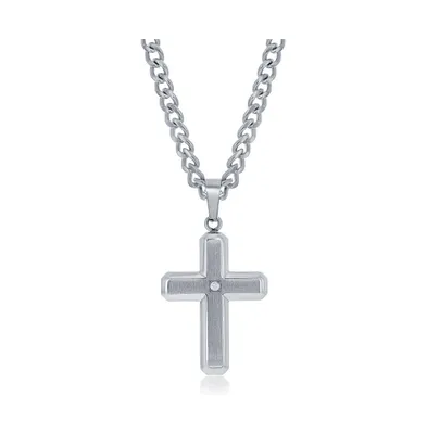 Stainless Steel Brushed & Polished w/ Single Cz Cross Necklace