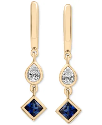 Lab-Grown Blue Sapphire (1/2 ct. t.w.) & Lab-Grown White Sapphire (1/3 ct. t.w.) Dangle Huggie Hoop Earrings in 14k Gold-Plated Sterling Silver