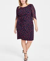 Connected Plus Size Chiffon Cape-Sleeve Sheath Dress