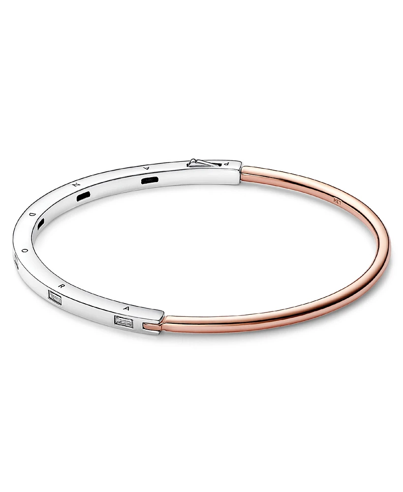 Pandora Signature 14K Rose Gold-Plated and Sterling Silver Two-Tone I-d Pave Bangle Bracelet