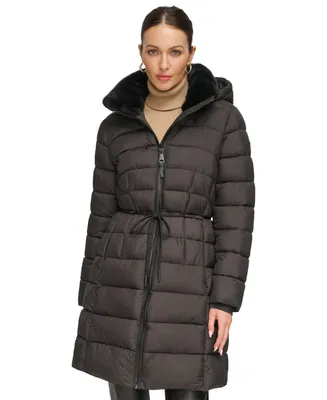 Dkny Women's Rope Belted Faux-Fur-Trim Hooded Puffer Coat