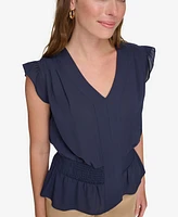 Tommy Hilfiger Women's Ruffled Smocked V-Neck Top