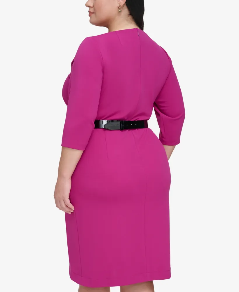 Calvin Klein Plus Size Belted 3/4-Sleeve Tulip-Hem Dress