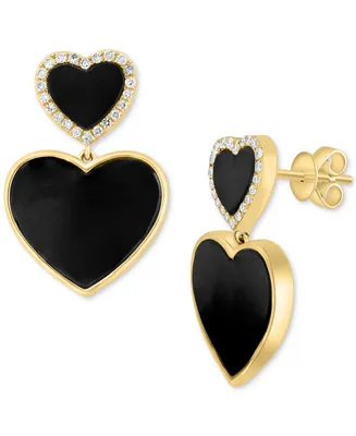 Effy Onyx & Diamond (1/5 ct. t.w.) Double Heart Halo Drop Earrings in 14k Gold