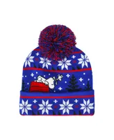 Peanuts Men's Blue Beanie Red House With Snoopy