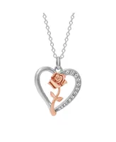 Disney Princess Beauty and the Beast Two Tone Belle Rose Crystal Heart Pendant, 18"