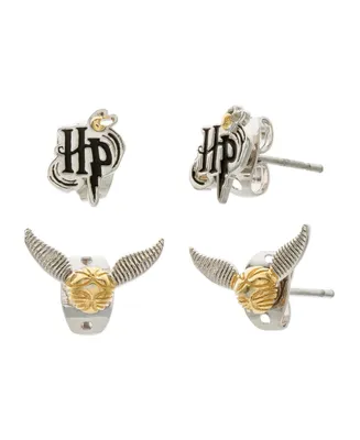 Harry Potter Gold and Silver Plated Stud Earrings Sets Hp and Golden Snitch- 2 Pairs