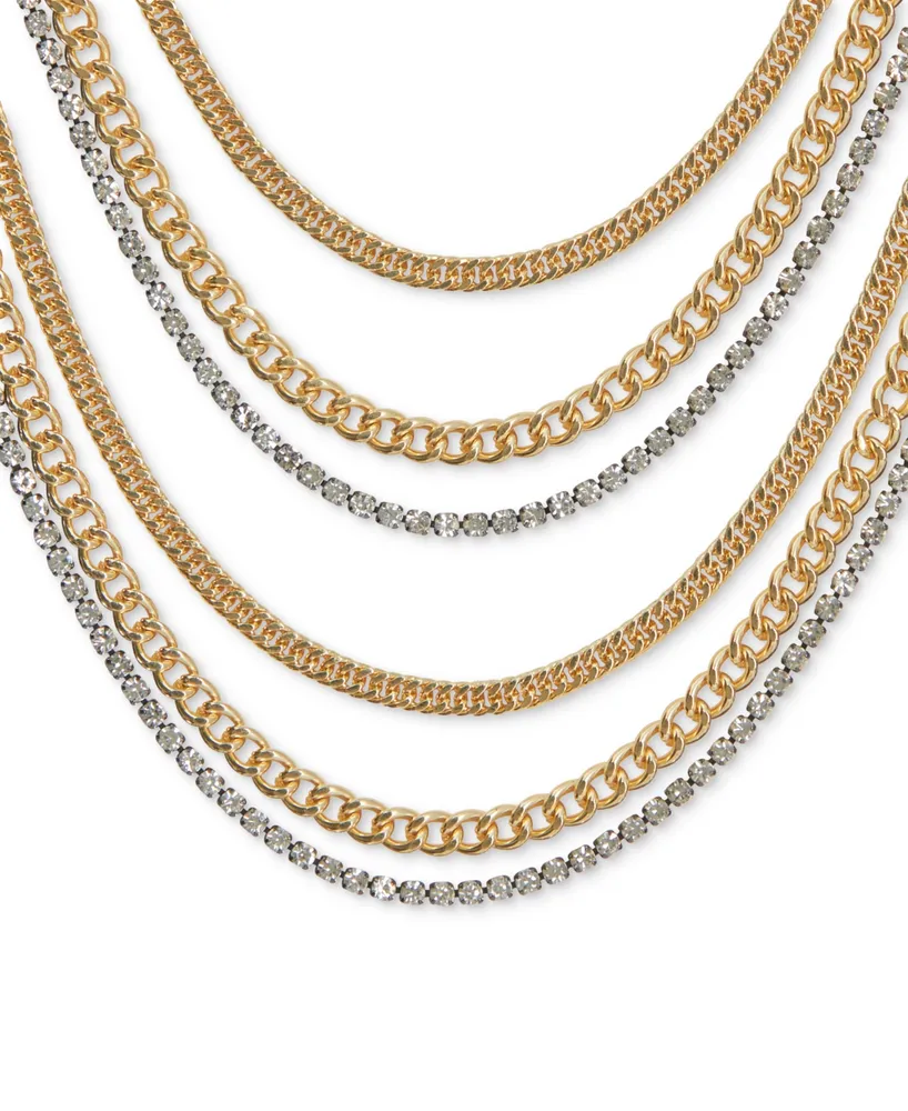 Lucky Brand Two-Tone Crystal & Chain Multi-Row Statement Necklace, 17" + 3" extender