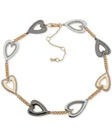 Karl Lagerfeld Paris Tri-Tone Pave Heart Collar Necklace, 16" + 3" extender