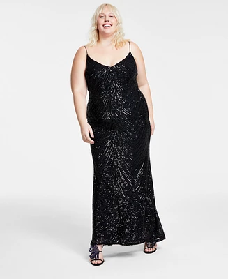 B Darlin Trendy Plus Sequined V-Neck Sleeveless Gown