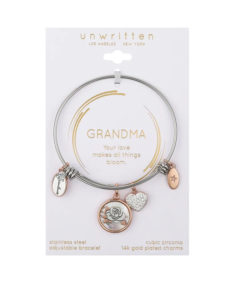 Unwritten Cubic Zirconia Heart and Bezel, Mother of Pearl Inlay Flower and Silver-Plated Grandma Bangle Bracelet