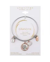 Unwritten Cubic Zirconia Heart and Bezel, Mother of Pearl Inlay Flower and Silver-Plated Grandma Bangle Bracelet