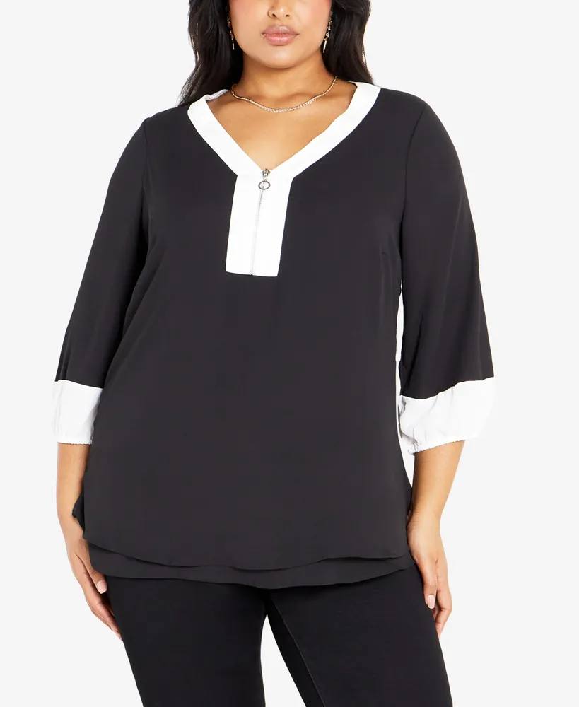 Avenue Plus Melinda V-neck Zip Front Shirt Top