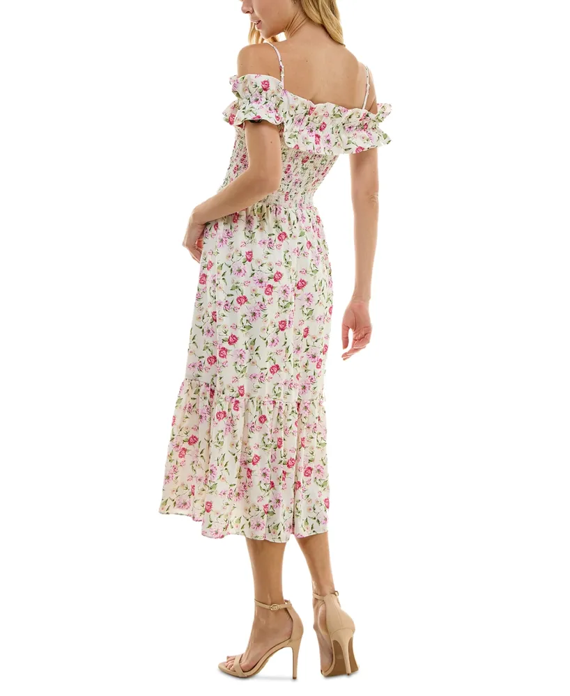 City Studios Juniors' Floral-Print Ruffled Off-The-Shoulder Midi Dress