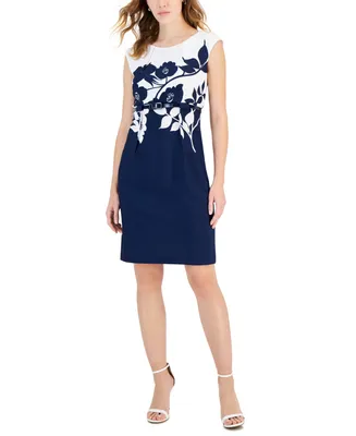 Connected Petite Printed Cap-Sleeve Belted Sheath Dress