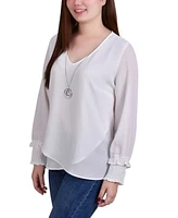 Ny Collection Petite Long Sleeve Crepe Blouse