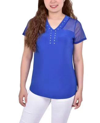 Ny Collection Petite Short Sleeve Studded Top