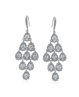 Bridal Statement Waterfall Multi Teardrop Marquise Big Dangle Chandelier Earrings For Women Prom Rhodium Plated Brass