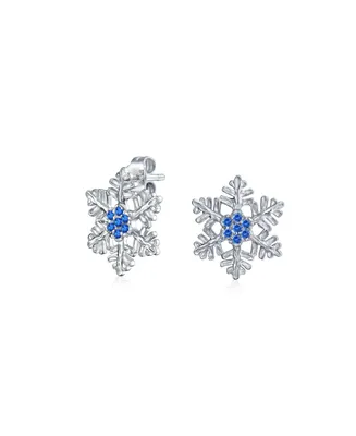 Holiday Party Flower Christmas Winter Clear Blue Cubic Zirconia Accent Cz Snowflake Stud Earrings For Women Teen .925 Sterling Silver
