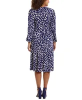 London Times Petite Printed Bishop-Sleeve Midi Dress