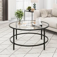 36'' Round Coffee Table Tempered Glass Tabletop Metal Frame Living Room