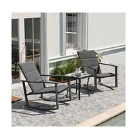 Brevyn 3 Piece Outdoor Bistro Set With Flex Comfort Rocking Chairs And Steel Framed Glass Top Table