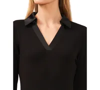 CeCe Women's Woven-Collar Knit Long-Sleeve Top