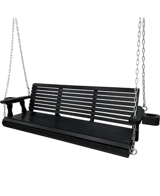 Wooden Porch Swing 3-Seater, Bench with Cupholders, Hanging Chains and 7mm Springs, Heavy Duty 800 Lbs, for Outdoor Patio Garden Yard