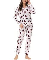 Ink+Ivy Women's Printed Microfleece V-neck Long Sleeve Top with Jogger 2 Pc Pajama Set