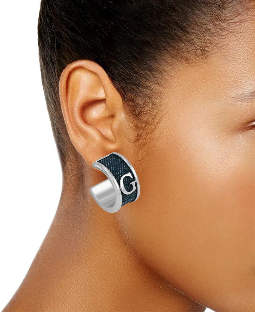 Guess Silver-Tone Small Denim Logo Hoop Earrings, 1"