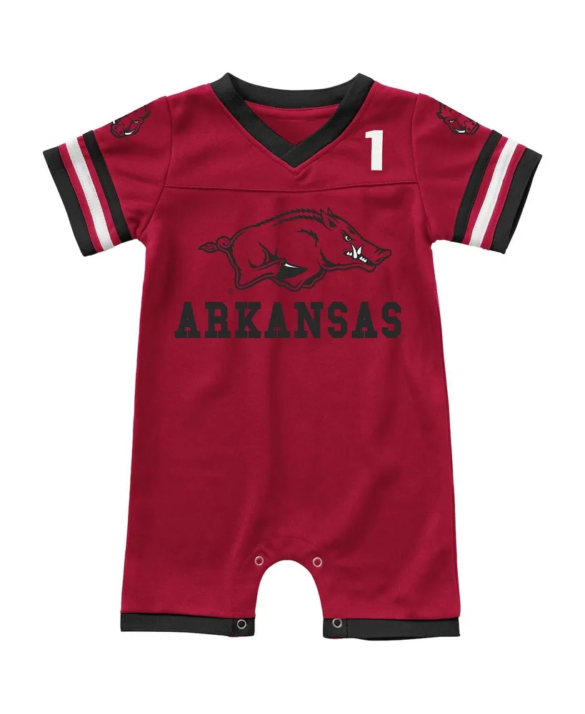 Newborn and Infant Boys Girls Colosseum Cardinal Arkansas Razorbacks Bumpo Football Logo Romper