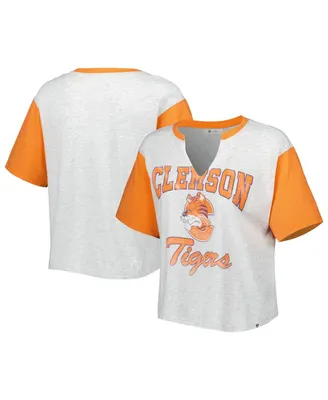 Women's '47 Brand Gray, Orange Distressed Clemson Tigers Dolly Cropped Notch Neck T-shirt