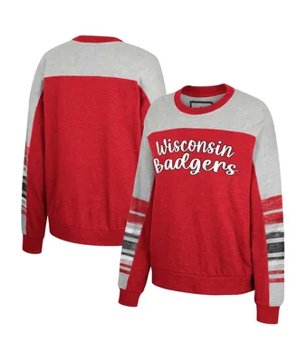 Women's Colosseum Red, Heather Gray Distressed Wisconsin Badgers Baby Talk Pullover Sweatshirt