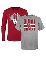 Preschool Boys and Girls Crimson, Heather Gray Oklahoma Sooners Fan Wave Short and Long Sleeve T-shirt Combo Pack
