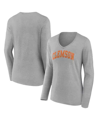 Women's Fanatics Heather Gray Clemson Tigers Basic Arch Long Sleeve V-Neck T-shirt