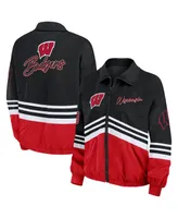 Women's Wear by Erin Andrews Black Distressed Wisconsin Badgers Vintage-Like Throwback Windbreaker Full-Zip Jacket