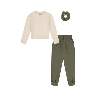 Little, Big Girls 3 Piece Outfit Set with Long Sleeve Sweater, Paperbag Jogger Pants, and Bonus Scrunchie